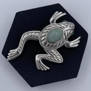 Vintage Judith Ripka Sterling Silver Frog Brooch Jade Cabochon Animal Frog Pin